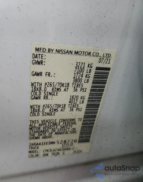 2021 Nissan Titan S из США, поврежденный, VIN 1N6AA1EE8MN528726